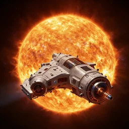 flying a space ship into the sun, digital art by syd mead, 8k, photorealistic, trending on artstation