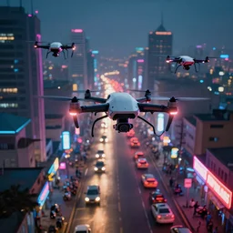 3 d vfx art of flying drones above - a neon lit - bustling lagos urban street - in nigeria, cinestill 8 0 0 t photograph, illustration in the style by philippe bouchet, unreal engine render, digital illustration, sharp, intricate detail, volumetric light, ray tracing, soft light, colourful, mike winkelmann surreal environment,