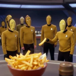 French Fries as Star Trek Characters fighting Star fleet officers in the mess, still from star trek,