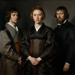 three quarter view portrait of young scarlet johansson in japanese costume by jan van eyck, tom bagshaw, jean delville, william bouguereau, albrecht durer, symbolist painting, mysterious mood