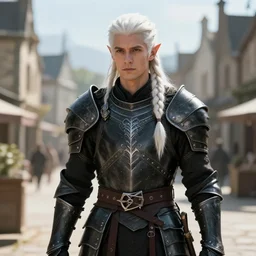 beautiful male drow, loose white braid, super detailed, light black armor with silver accenting, 8 k, filmic, octane render, sunlight, town center background, artstation, greg rutkowski, rossdraws, william bouguereau, sharp focus
