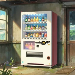 an holographic vending machine inside the interior of an abandon house, sunny day, long shot, matte painting, digital art, in the style of studio ghibli, vivid colors, highly detailed, 8 k, establishing shot, smooth, trending on artstation, illustration, realistic