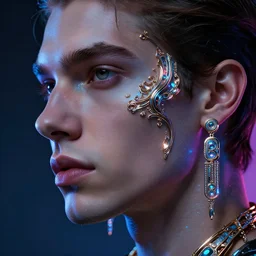 a highly detailed long shot photo of masculin male face portrait, futurism, rococo cyber neon lighting, detailed futuristic fibonacci jewelry, profile posing, hyper photorealistic, crispy quality, digital photography, trending in pinterest, cinematic, 4 k ultra hd, art by pascal blanche, art by greg rutkowski, art by artgerm,