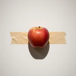 an apple attached to a clean white wall with a strip of duct tape in a museum, close up, dslr photo