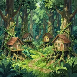 concept art painting of a forest village with houses made of trees and roots, houses inside trees, vines, deep forest, by makoto shinkai