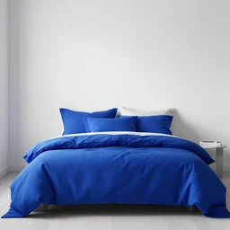 A bed with a blue blanket and pillows in a room, a digital rendering by Julian Schnabel, trending on Pinterest, maximalism, rendered in Unreal Engine, Vray tracing