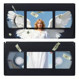 vhs static overlay of angel apparition, money notes falling like confetti, vhs, 1 9 9 0, highly realistic, highly detailed, vhs noise static, black and white, vhs glitch