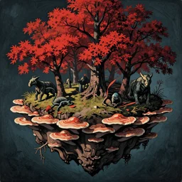 ancient creatures, by gediminas pranckevicius, by james gilleard, autumn, red trees, dark shadows, woodblock, split - complementary - colors, polished, tremella - mesenterica, mycelium, on a floating island