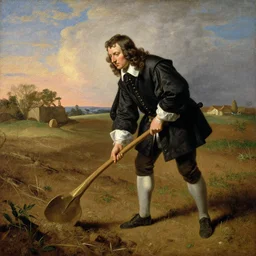 david cameron as a 1 7 th century peasant toiling in the fields, painting, restored, 1 7 th century art