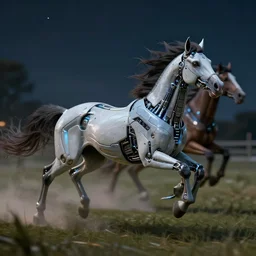 cybernetic neo - equine mind transfer : horse - like creatures running impossibly fast through the night, reveling in their machine - aided grace and supremacy over any natural creature, furaffinity