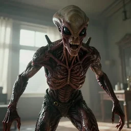still from a horror movie of grotesque alien lunging towards the camera, highly detailed, horror movie scene, unreal engine, octane render, natural light indoors