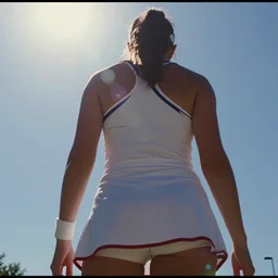 home video footage, view from behind, a woman in tennis wear, sky, sun ; tennis coat, summer, color vhs picture quality with mixed noise