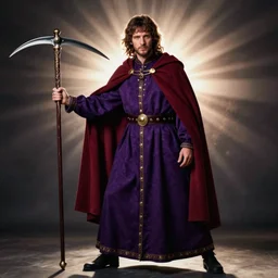 full body portrait of a 30 year old RASPUTIN wearing a highly detailed deep purple and crimson robe with cloak holding a sickle in his right hand. Cinematic dynamic lighting with backlight. ACTION POSE. portrait by Annie Leibovitz
