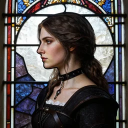 beautiful side - view portrait of yennefer from the witcher 3, black choker necklace, 1 0 th century stained glass window, very masterful