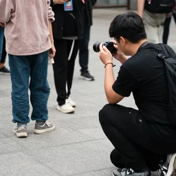 person kneeled down taking a photograph of another person