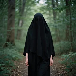a woman with black veil covering is face walking in the forest, photography, photorealism, volumetic lights, hasselblad, mamiya, photo of the year,