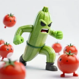 detailed 3 d render of a furious zucchini assassin character at war with a gang of tomato characters, high speed action, knives, explosion, dramatic scene, hyper realistic octane render, cinematic lighting, deviantart, pop - surrealism, lowbrow, frame from pixar movie