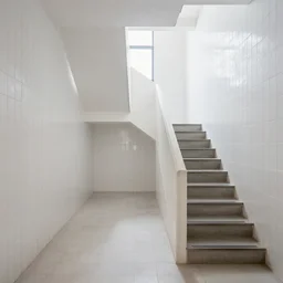 photo of randomly connected corridors, stairs and rooms. ceramic white tiles on all the walls.
