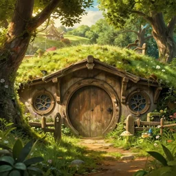 lush and beautiful concept art for the shire, lord of the rings, peter jackson, studio ghibli, detailed, realistic lighting, volumetric lighting, golden hour,