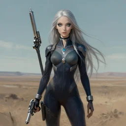 pleiadian woman with big eyes and long silver hair wearing a dark body suit and holding a plasma gun standing in barren fields, portrait art by greg rutkowski