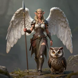 tiefling female with angel wings stands with her spear, her young owlbear companion by her side, slight smile, D&D, HD, HDR, Highly detailed, pathfinder,
