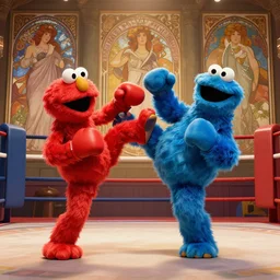 elmo kicking cookie monster, muay thai boxing match, high kick, octane render, hyperdetailed, beautiful, art, by greg rutkowski, mars ravelo, wlop, alphonse mucha, in the style of the muppet show, wide angle