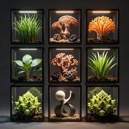 composition of nine square boxes with different plants forms, diorama, front view, light mode, led lamps, deep shadows, coral reef, tremella fuciformis, grass, leaves, romanesco broccoli, abstract sculpture, octane render