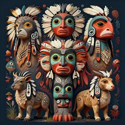 psychedelic faces and animals morphed native american totem pole symmetrical digital art