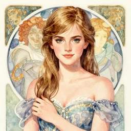 a watercolor portrait illustration by sui ishida and alphons mucha of a bishoujo as emma watson holding peaches, highly detailed anime eyes wearing wearing mixed plaid fashion by issey miyake and balenciaga 8 k