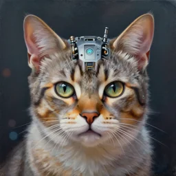 portrait painting of a cat with a cyberpunk steel implant in his head. extremely high detail, bokeh, cyberpunk painting by daniel e. greene, zoey frank
