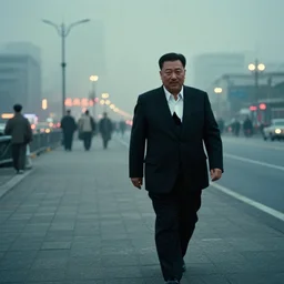 foggy city lights, kim jong - il walking in 1 9 6 0 s pyongyang, film noir thriller in the style of orson welles and andrei tarkovski