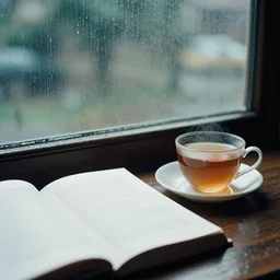 film still of a rainy day with a book and a cup of tea
