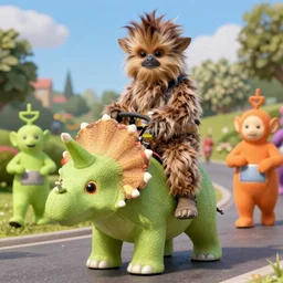 supermodel jabba the hutt, riding into battle on a triceratops teletubbie