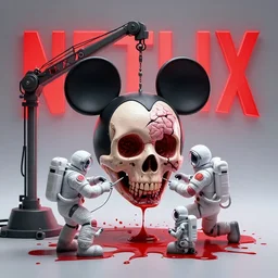 graphic art of dystopian futuristic mechanic surgeons astronauts, operate on a mickeymouse!!! head with a cracked!! skull!! brain exposed, held by a crane with blood!!! on the floor. ominous glowing red netflix!!! logo in the background, trending on art station, beeple!!!!, clean concept art, smooth, octane render, minimal