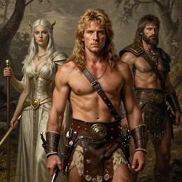 a young kirk douglas as a barbarian, beautiful fantasy maiden, dungeons and dragons, masterpiece by edgar maxence and ross tran and michael whelan, gustav dore, 8 k, octane render