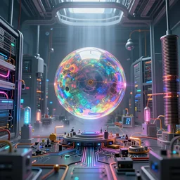an immaculate volumetric lighting octane redshift render of a !!!!beautiful iridescent sphere!!!! levitating at the nexus between a vast modern computing center and an alchemist's lab with exposed circuit boards, fog, god rays, nixie tubes and tesla coils by Zdzisław Beksiński and beeple, beautiful modern colors, ultradetailed, 4k ultra