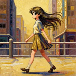 recursive image with a girl walking through a city, fast, large eyes, her long hair flowing, surreal, oil pastels and gold, in the style of katsuhiro otomo, modeled in poser, redshift render, uhd