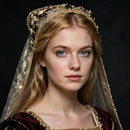 portrait of young woman in medieval dress and medieval headdress, blue eyes and blond hair, style by the diane arbus
