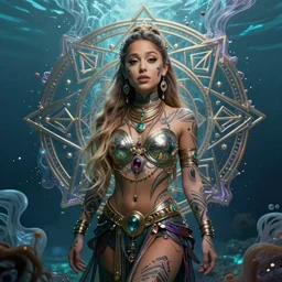 a centered render of ariana grande as a mytical festival hippy with tribal tattoos wearing intricate metallic clothing surrounded by a underwater ink pour and flowing liquid gallium and sacred geometry, perfect body and face, gorgeous, cinematic, beautifully lit, by peter kemp, by karol bak, by donato giancola, 3 d, trending on artstation, octane render, 8 k