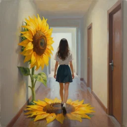a painting of a girl walking in a hallway blocked by a scary giant sunflower on the floor blocking her way, artstation