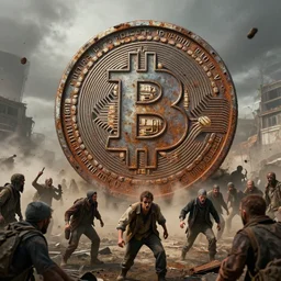 giant rusted bitcoin, hated by everyone without exception, dystopian survival post - apocalyptic, angry mob