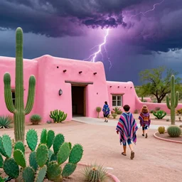 synthwave surrealism, a welcoming pink southwestern adobe pueblo, kelly green prickly pear and cactus saguro cactus, people wearing retrowave ponchos wandering, mystical summer thunderstorm, graphic novel