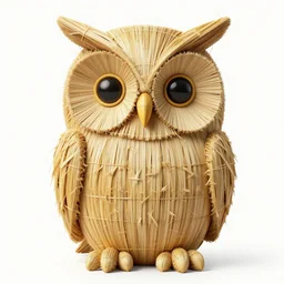 symmetrical detailed sculpture of an owl, made of straw