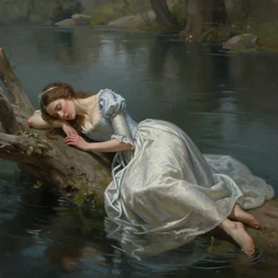 full body pose of lady of shalott laying in a river, sadness, longing, sharp focus, intricate, elegant, digital painting, artstation, matte, highly detailed, concept art, illustration, volumetric lighting, bokeh light, art by greg olsen and liz lemon and john william waterhouse