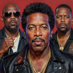 beautiful lifelike painting of george clinton performing atomic dog and loopzilla megamix with roger troutman and fatman scoop, hyperreal detailed facial features and uv lighting, art by ed roth and basil wolverton