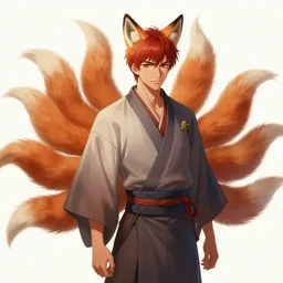 An beautiful digital painting of a man with reddish hair, fox ears, and nine tails wearing a kimono, by Stanley Artgerm Lau, WLOP, Rossdraws, James Jean, Andrei Riabovitchev, Marc Simonetti, and Sakimichan, tranding on artstation, SFW version