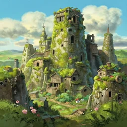 a wholesome animation key shot of a sunny abandoned moss city panorama, studio ghibli, pixar and disney animation, sharp, rendered in gouache painting, anime gouache key art by greg rutkowski, bloom, dramatic, dynamic lighting
