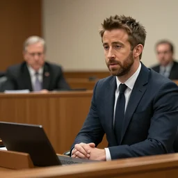 ryan reynolds on trial sitting beside his lawyer in a courtroom, highly detailed, extremely high quality, hd, 4 k, 8 k, professional photographer, 4 0 mp, lifelike, top - rated, award winning, realistic, detailed lighting, detailed shadows, sharp, no blur, edited, corrected, trending