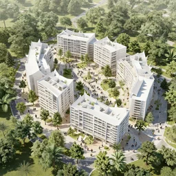 origami architecture of a futuristc housing complex, crowded public space, a lot of trees and vegetation, full of sunlight, neighbourhood scale