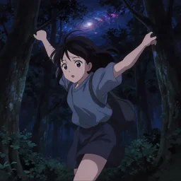 natsume yuujinchou,, anime key visual, young woman traveling in a forest at night, night sky, nebula, very dark, cute face by ilya kuvshinov, yoh yoshinari, dynamic pose, dynamic perspective, rounded eyes, kyoani, smooth facial features, dramatic lighting,